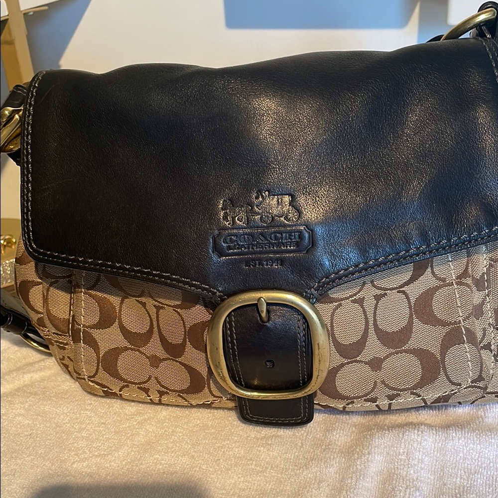 Coach Black and Tan shoulder Bag with Signature Pattern with matching wallet